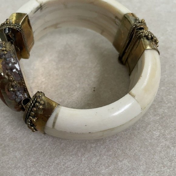Vintage Buffalo Bone & Brass With Large Brown Agate Stone Unisex A217 - Picture 4 of 9